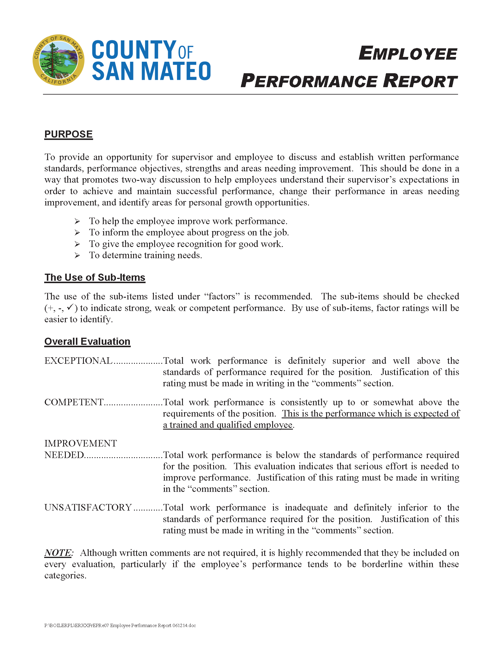 Sample Employee Performance Report – Employee & Labor Relations