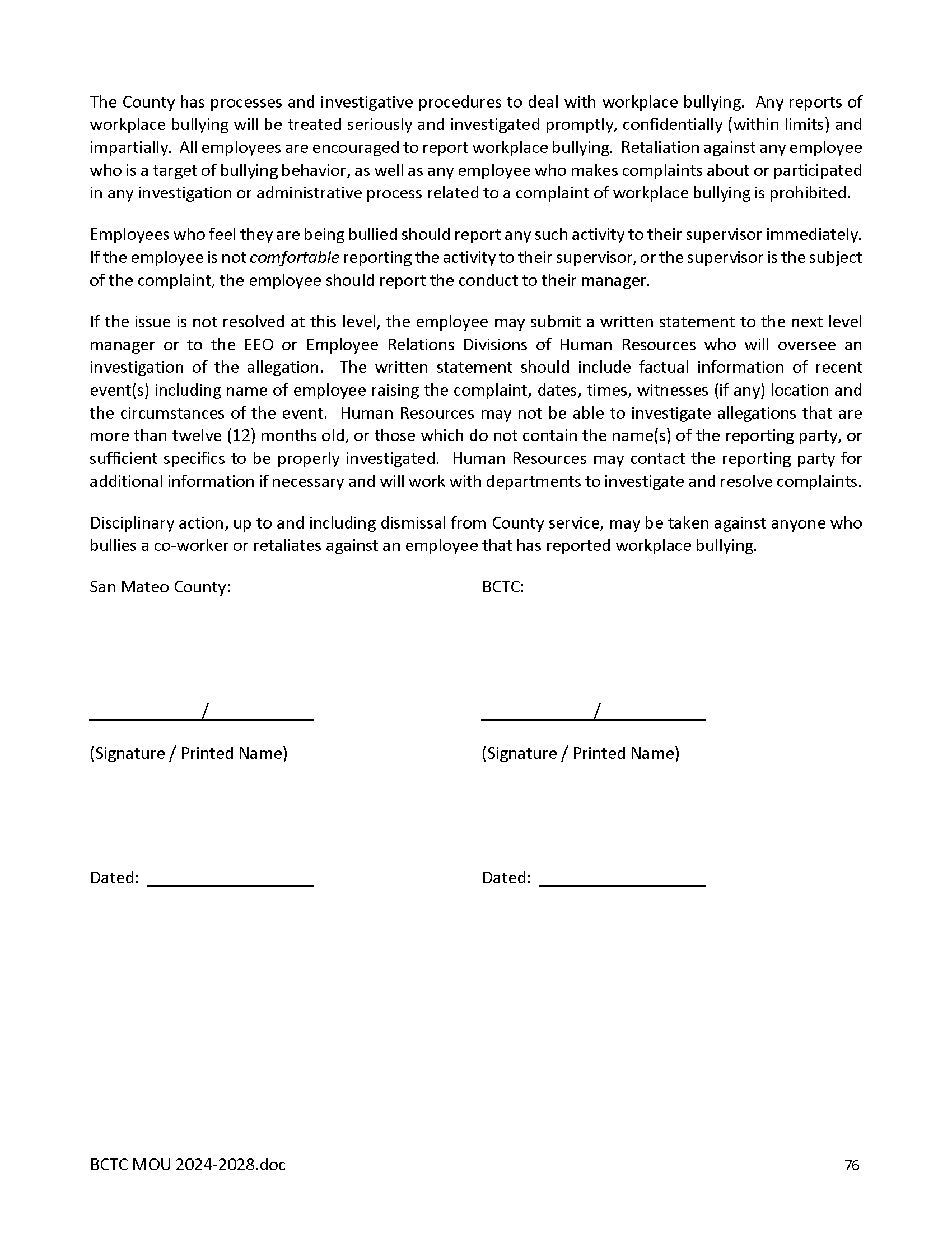 Side Letter Agreement – Employee & Labor Relations