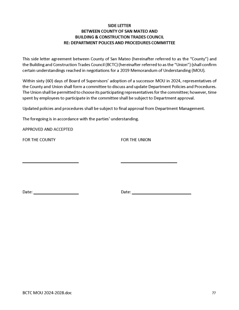 Side Letter Agreement – Employee & Labor Relations