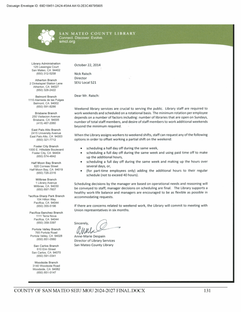 Library Side Letter: Additional Hours