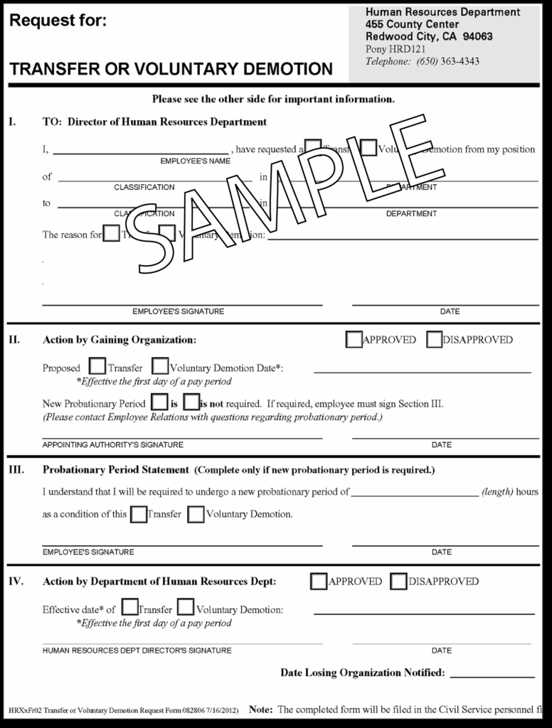 Transfer or Voluntary Demotion From Sample
